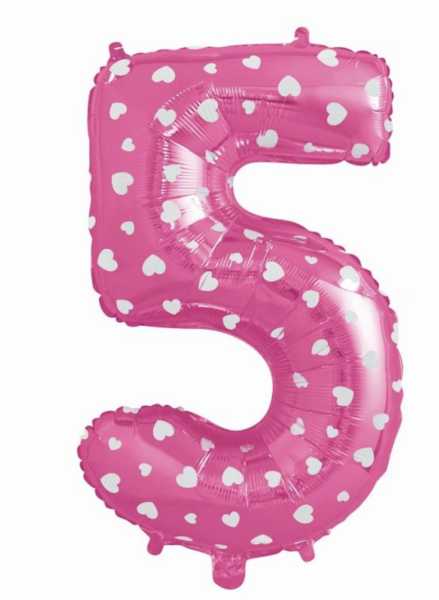 Folienballon - Zahl 5: Pinke Zahl mit Herzen-​ ø 61cm